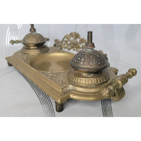 Vintage Ornate Double Ink Well Brass w Inserts Covers Decorative Desk Victorian - Picture 3 of 11